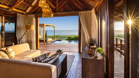 This Banyan Tree property features 40 thatched-roof villas scattered on an island off the coast of Mozambique.