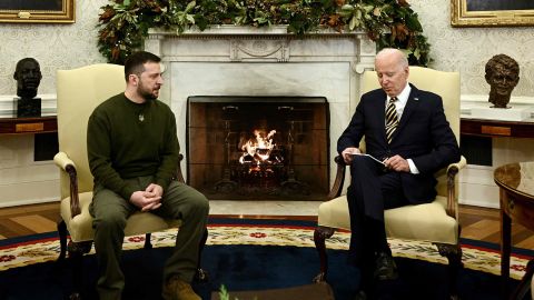 US President Joe Biden and Ukraine's President Volodymyr Zelensky meet in the Oval Office  of the White House, in Washington, DC on December 21, 2022. - Zelensky is in Washington to meet with US President Joe Biden and address Congress -- his first trip abroad since Russia invaded in February. (Photo by Brendan SMIALOWSKI / AFP) (Photo by BRENDAN SMIALOWSKI/AFP via Getty Images)