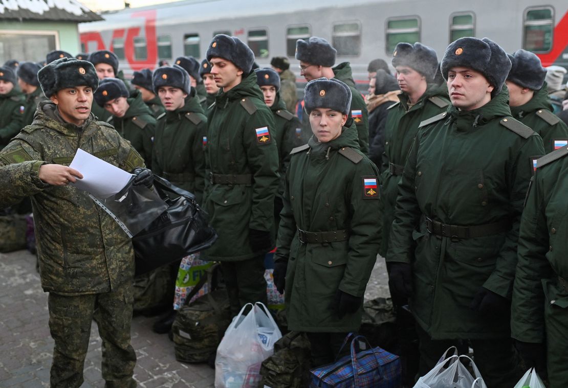 Russian conscripts line up before departure for garrisons at a railway station in Omsk, Russia last month.