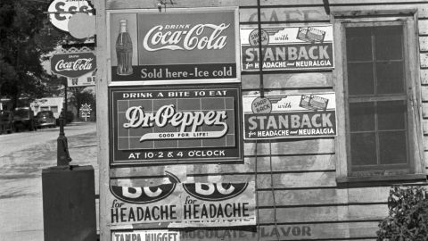 Ads for Dr Pepper and Coca-Cola on a store in North Carolina, in April 1938.