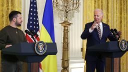 WASHINGTON, DC - DECEMBER 21: U.S. President Joe Biden (R) and President of Ukraine Volodymyr Zelensky participate in a joint press conference in the East Room at the White House on December 21, 2022 in Washington, DC. Zelensky is meeting with President Biden on his first known trip outside of Ukraine since the Russian invasion began, and the two leaders are expected to discuss continuing military aid. Zelensky will reportedly address a joint meeting of Congress in the evening. (Photo by Alex Wong/Getty Images)