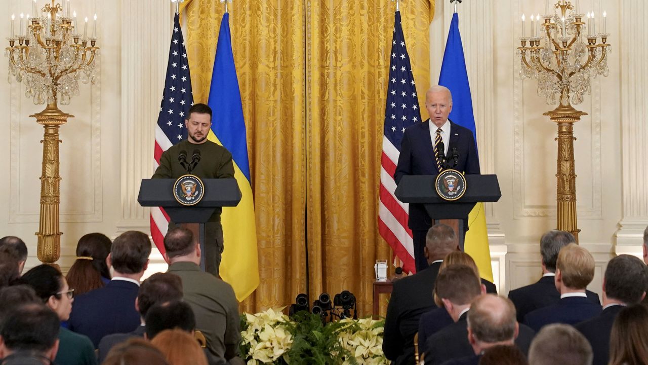 Ukrainian President Volodymyr Zelensky and US President Joe Biden during a joint news conference in the East Room of the White House in Washington, on December 21, 2022. 