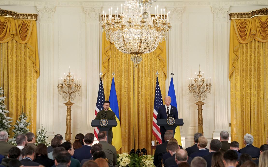 Ukrainian President Volodymyr Zelensky and US President Joe Biden during a joint news conference in the East Room of the White House in Washington, on December 21, 2022. 