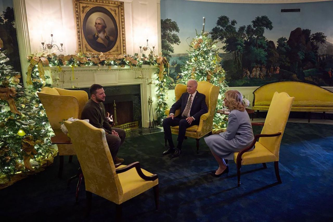Zelensky sits with Biden and first lady Jill Biden inside the White House.