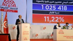 Tunisia's electoral board president Farouk Bouasker holds a press conference to announce the preliminary results of the parliamentary elections on December 19, 2022 in Tunis. - Tunisia's electoral board revised the turnout in parliamentary elections slightly upwards to 11.2 percent, a poll that opposition groups said undermined President Kais Saied. (Photo by YASSINE MAHJOUB / AFP) (Photo by YASSINE MAHJOUB/AFP via Getty Images)