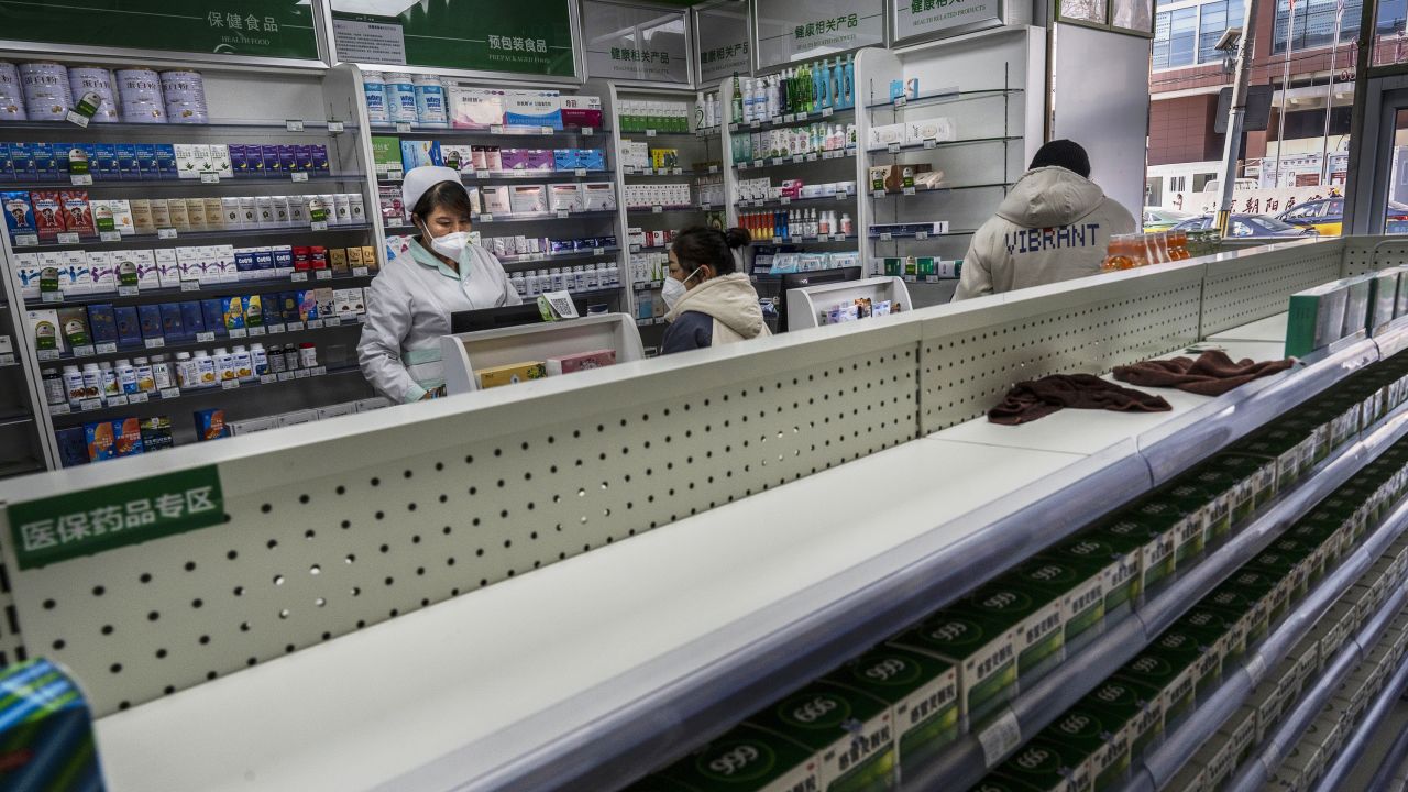 An empty shelf is seen in a pharmacy on December 21, 2022 in Beijing, China. The rapid spread of the virus across China has left many pharmacies sold out of medication to treat COVID-19.