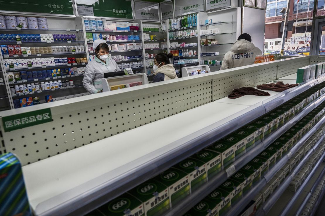 An empty shelf is seen in a pharmacy on December 21, 2022 in Beijing, China. The rapid spread of the virus across China has left many pharmacies sold out of medication to treat COVID-19.