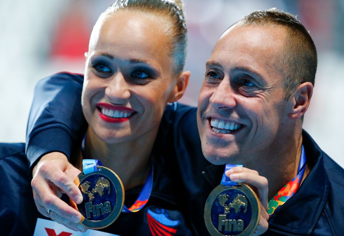 Christina Jones and Bill May of the US pose with their gold medals after the synchronised swimming mixed duet technical final at the Aquatics World Championships in Kazan, Russia, in June 2015. 