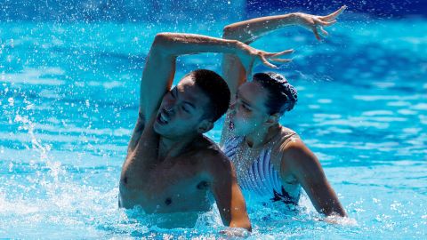 China's She Haoyu and Zhang Yiyao perform during the mixed duet freestyle final at the FINA World Championships at Alfred Hajos Swimming Complex, Budapest, Hungary in June 2022.
