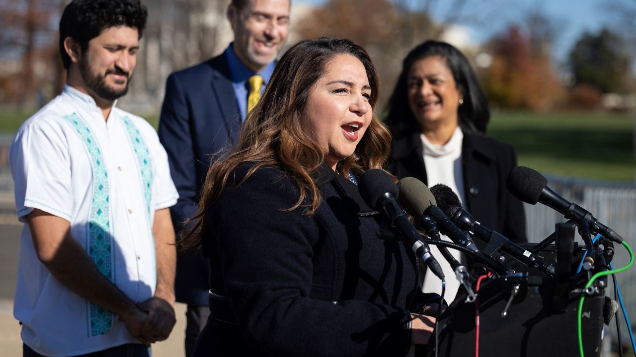 Representative-elect Delia Ramirez speaks at a news conference outside the US Capitol on December 2, 2022.