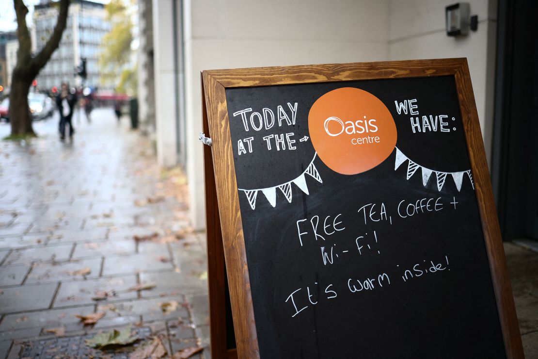 A welcoming sign outside the Oasis Centre, an open to all communal area which acts as a 'warm bank', in London, on December 12.