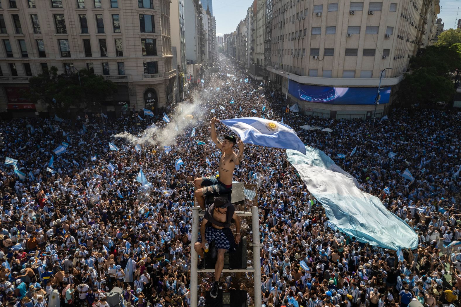 Supporters of Argentina's national football team fill the streets of Buenos Aires on Sunday, December 18, to celebrate their World Cup victory over France.