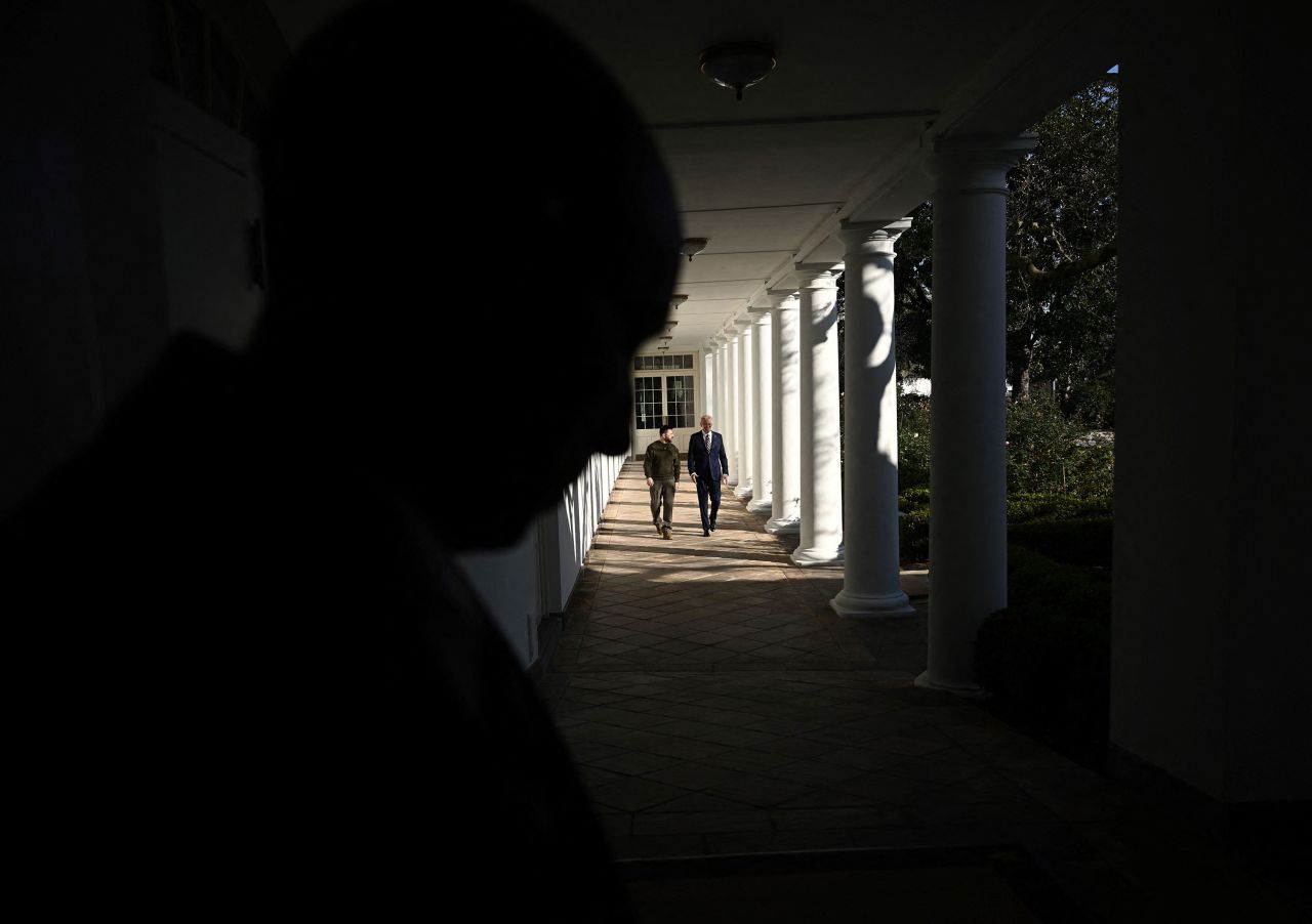President Biden and President Zelensky walk down the Colonnade of the White House as they make their way to the Oval Office on Wednesday, December 21.