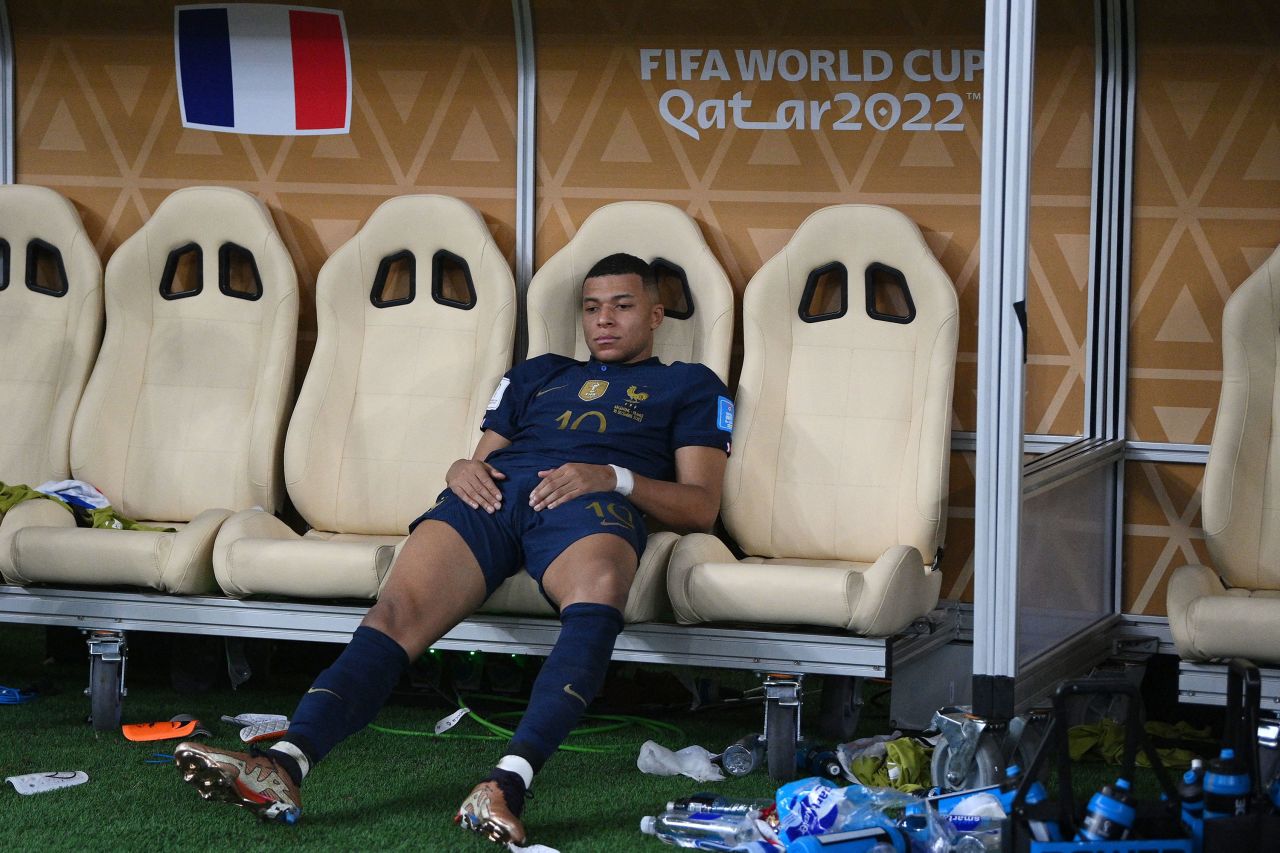 Kylian Mbappe of France sits after losing to Argentina in the World Cup on Sunday, December 18.