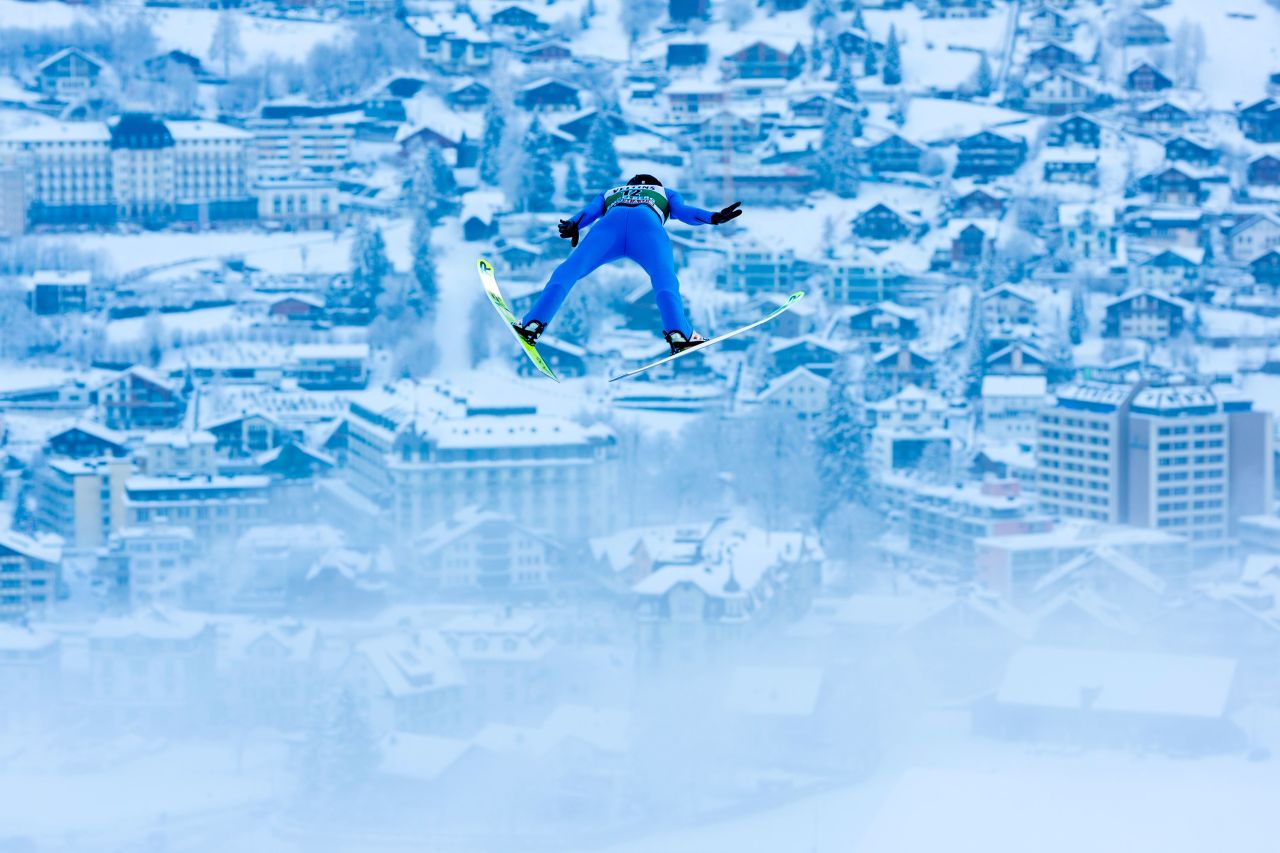 Gregor Deschwanden of Switzerland soars through the air during the men's ski jumping world cup competition in Engelberg, Switzerland, on Saturday, December 17.
