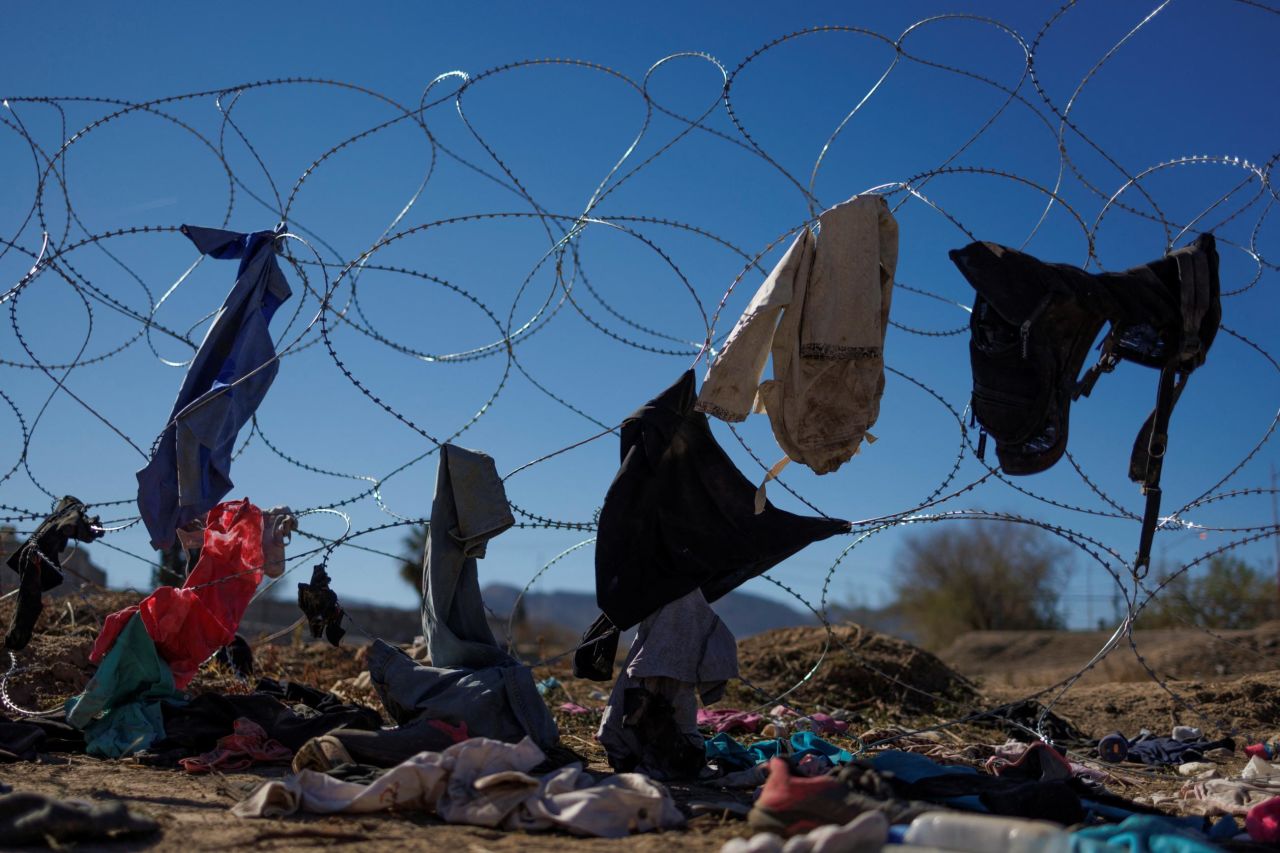 Clothes are left behind on the razor wire of an El Paso border fence on December 22. 