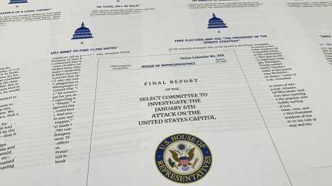 Pages from the final report released by the House select committee investigating the January 6, 2021, attack on the US Capitol, is photographed Dec. 22, 2022. 