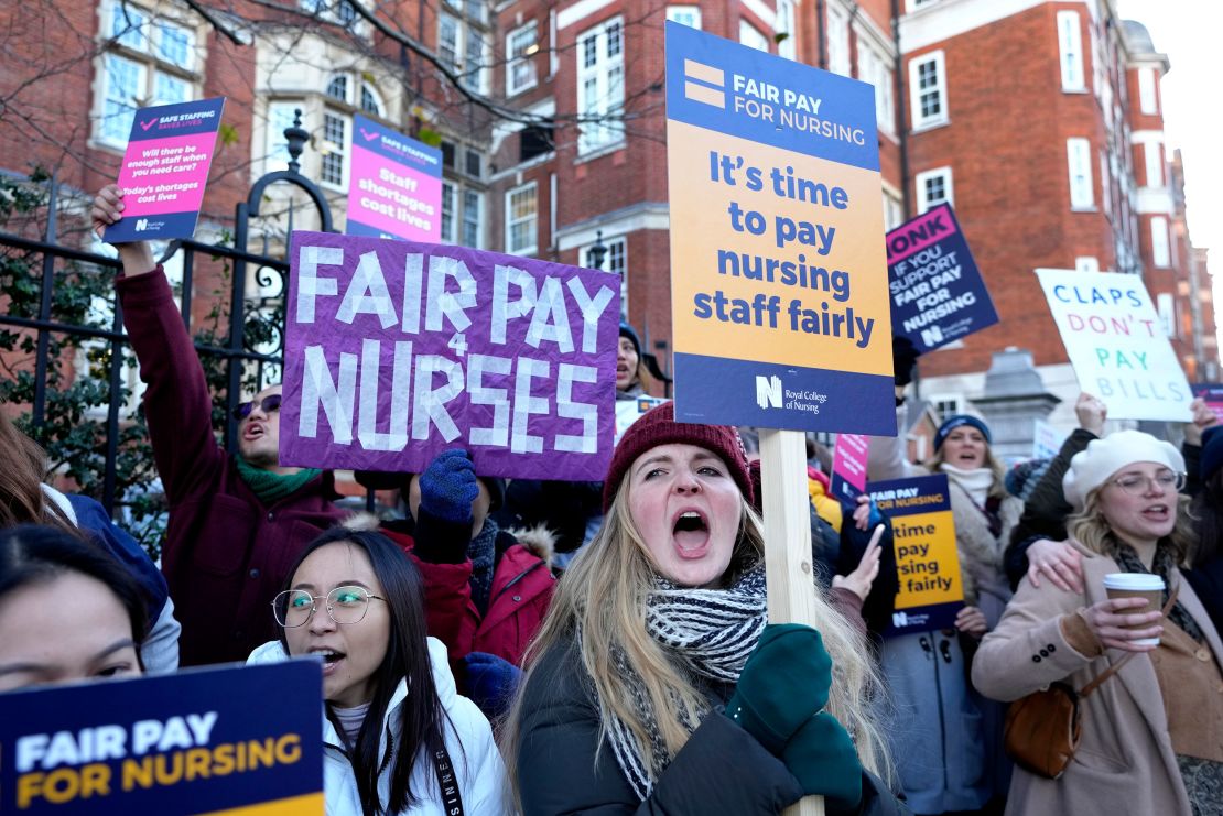 Nurses demonstrate outside the Royal Marsden Hospital in London, UK on December 15, 2022, during what is expected to be a month of strikes by public service workers. 