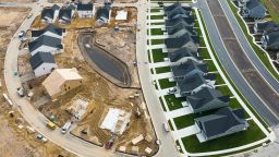 In this aerial view, completed and under construction new homes at a site in Trappe, Maryland, on October 28, 2022. 