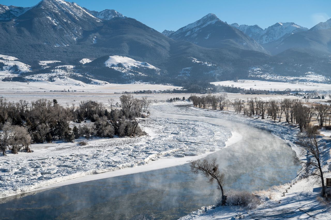 Mist rises above ice flows on the Yellowstone River on December 22 in Paradise Valley, Montana. 