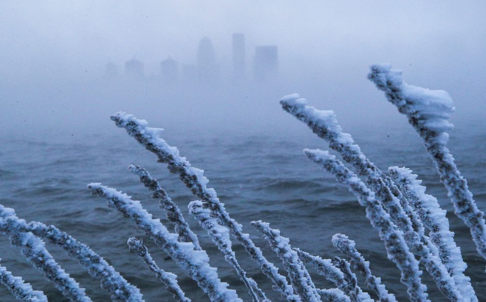 The Louisville skyline is obscured by steam rising from the Ohio River on December 23.