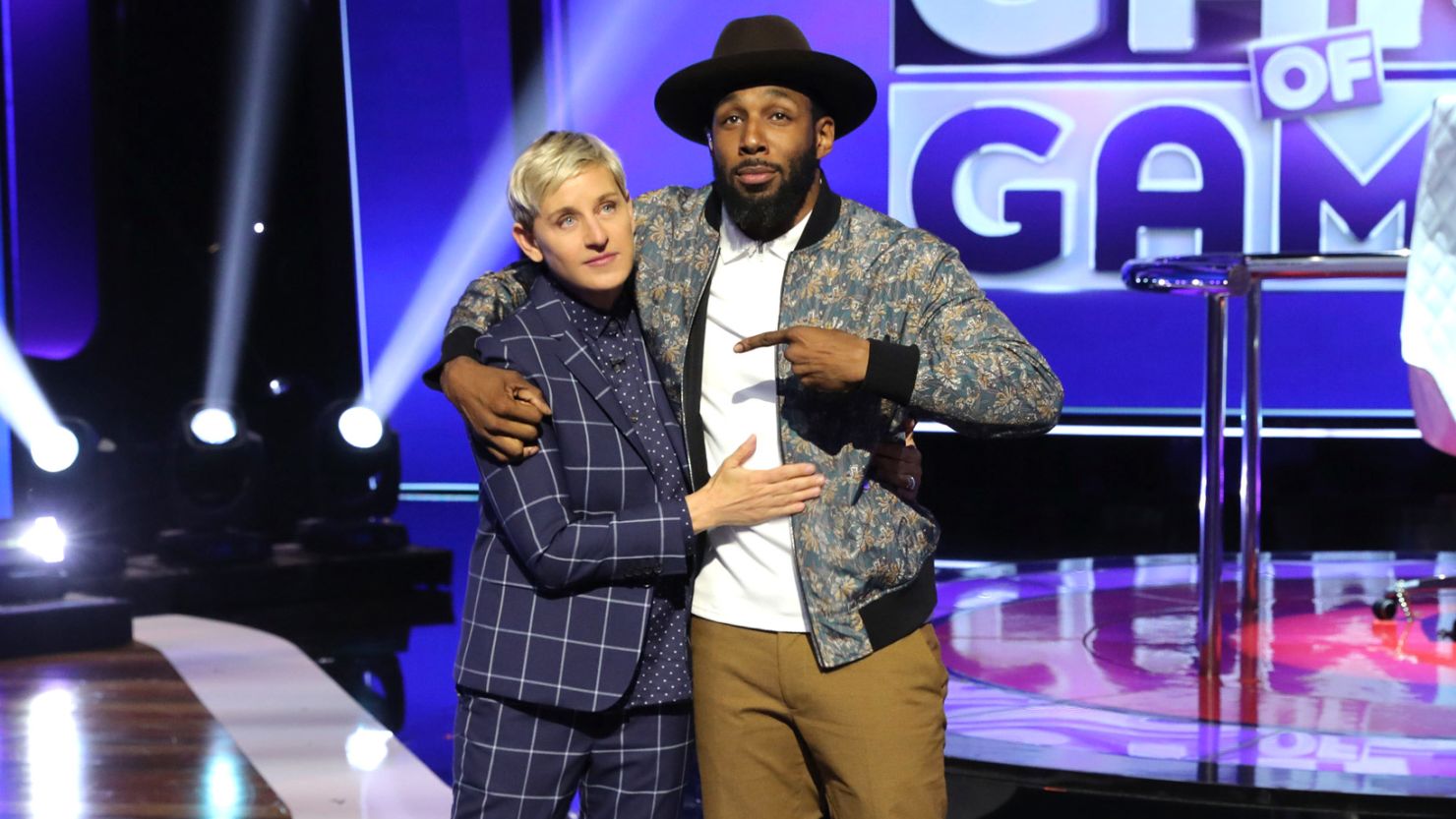 Ellen DeGeneres poses with Stephen "tWitch" Boss on the set of "Ellen's Game of Games." 