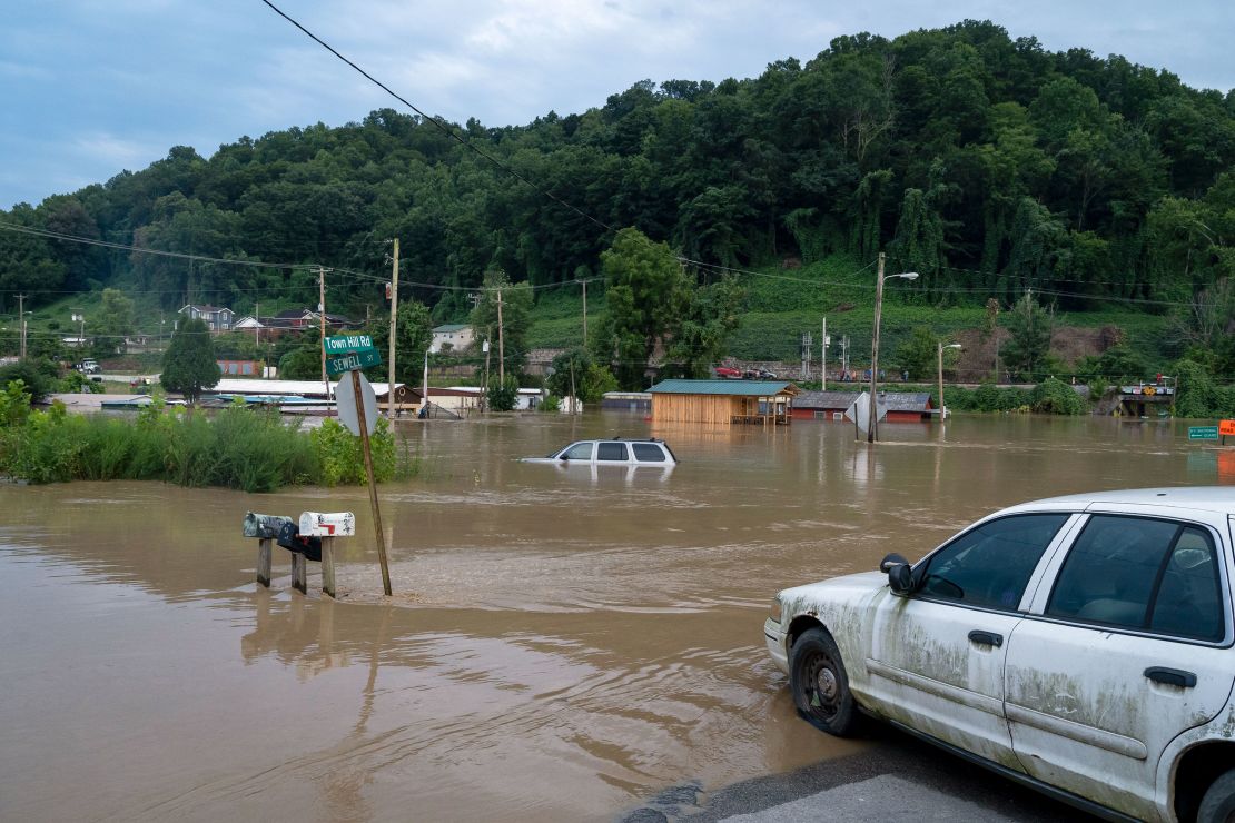 Submerged vehicles in Jackson, Kentucky, in July. Between 8 and 10 inches of rain fell within 48 hours from July 27 to 28 across Eastern Kentucky. The month was Jackson's wettest July on record.