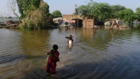 اگست میں پاکستان کے صوبہ سندھ کے شکار پور میں سیلاب سے متاثرہ لوگ اپنے سیلاب زدہ گھر سے سامان لے جا رہے ہیں۔