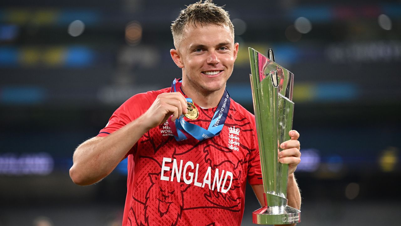England's Sam Curran celebrates his "Man of the Match" award following the T20 World Cup Final match at the Melbourne Cricket Ground in Australia. 