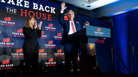 McCarthy delivers remarks to supporters alongside Ronna Romney McDaniel, Republican National Committee chair, and Rep. Tom Emmer on November 9.