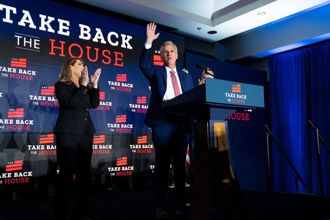McCarthy delivers remarks to supporters alongside Ronna Romney McDaniel, Republican National Committee chair, and Rep. Tom Emmer on November 9.