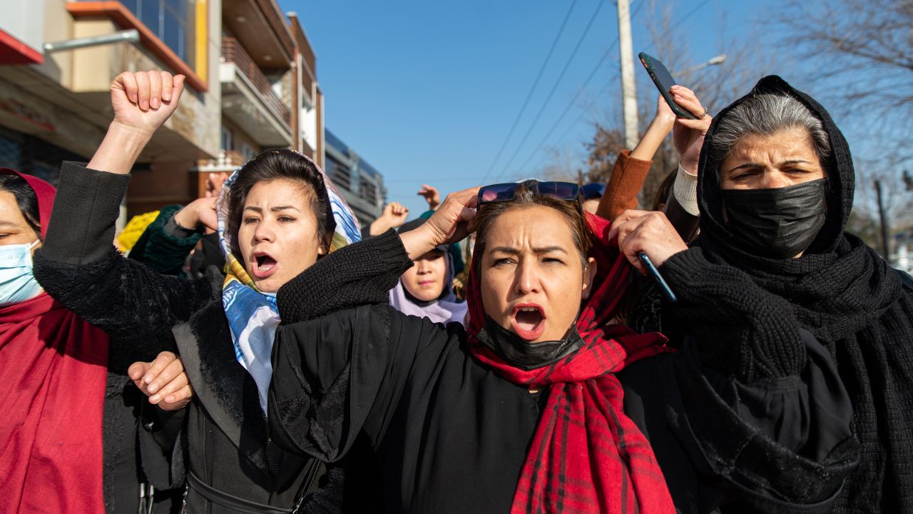 Afghan women protest against a new Taliban ban on women accessing university education on December 22 in Kabul, Afghanistan. 