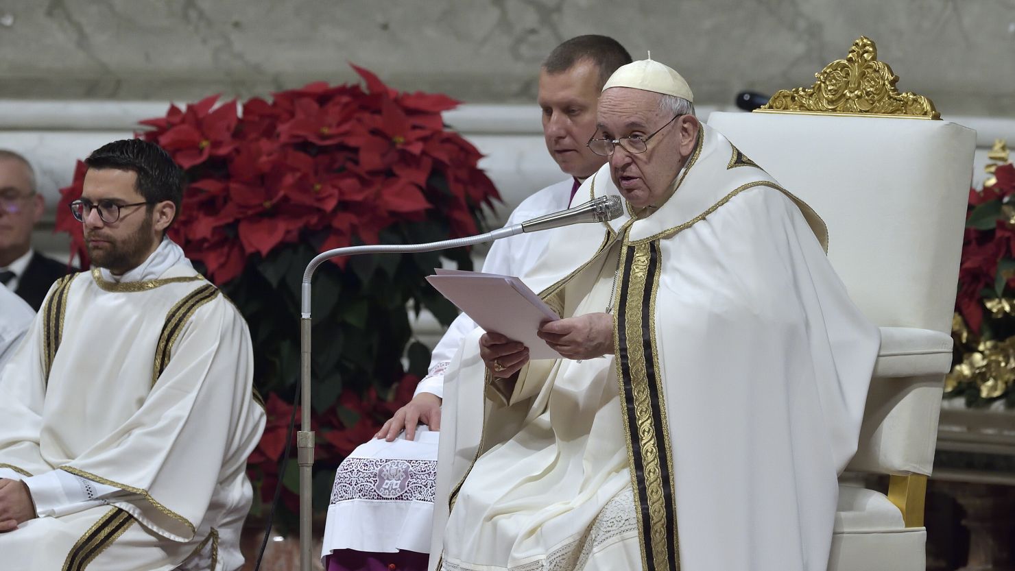 Pope Francis at Christmas Eve Mass in St. Peter's Basilica at the Vatican Saturday.