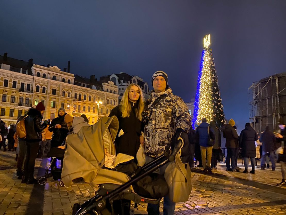 A Ukrainian couple pictured in Kyiv's Sophia Square on Christmas Day in the Ukrainian capital.
