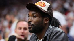 Rapper Meek Mill looks on during the first half in Game One of the Eastern Conference Semifinals between the Miami Heat and the Philadelphia 76ers at FTX Arena on May 02, 2022 in Miami, Florida. (Photo by Michael Reaves/Getty Images)