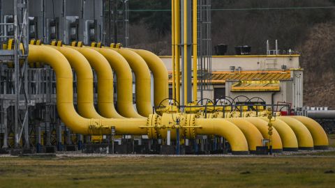 A view of giant tubes part of one of the physical exit points and compressor gas station of the Yamal--Europe gas pipeline on February 19, 2022, in Wloclawek, Poland. 
