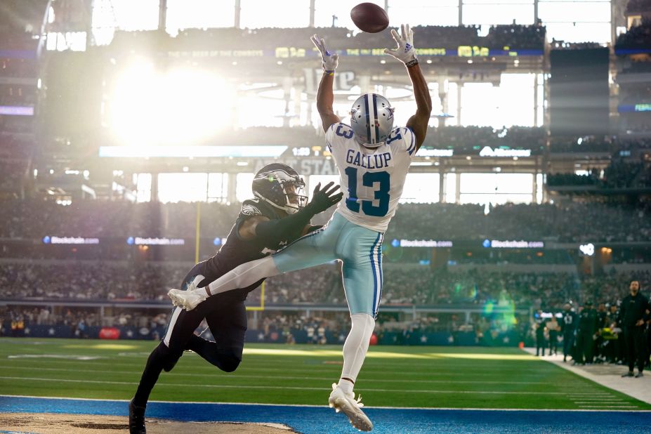 Michael Gallup of the Dallas Cowboys is unable to make a catch in the end zone under pressure from James Bradberry of the Philadelphia Eagles. The Cowboys won 40-34.