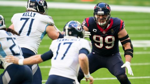 J.J. Watt (No. 99) of the Houston Texans plays the field against the Tennessee Titans last year in Houston.