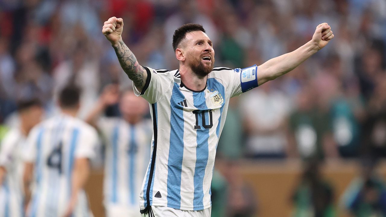 Argentina's Lionel Messi celebrates scoring after scoring his second goal in the World Cup final against France.