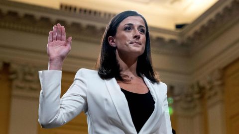 Cassidy Hutchinson, a top aide to former White House Chief of Staff Mark Meadows, is sworn in during the sixth hearing by the House Select Committee to Investigate the January 6th Attack on the US Capitol, in the Cannon House Office Building in Washington, DC, on June 28, 2022. 