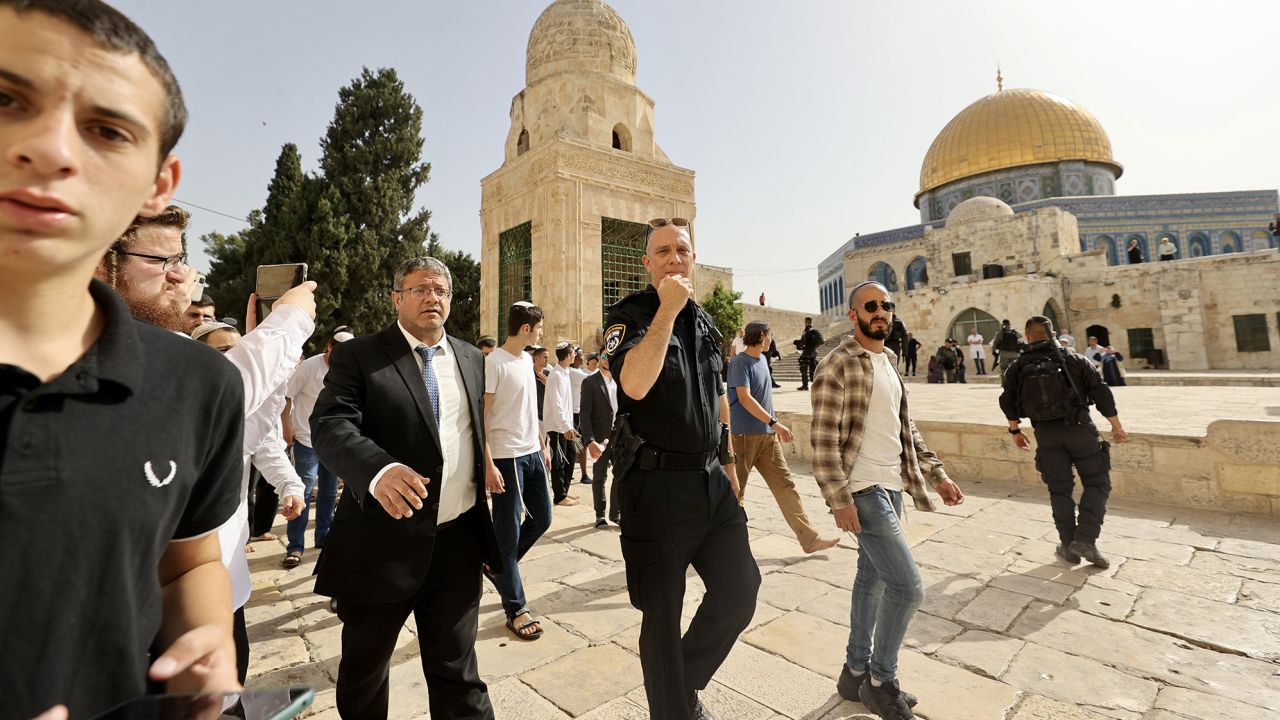 Israeli politician Itamar Ben Gvir visits Al Haram Al Sharif, known to Jews as Temple Mount, accompanied by Israeli forces in Jerusalem on May 29.