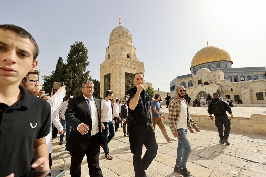 Israeli politician Itamar Ben Gvir visits Al Haram Al Sharif, known to Jews as Temple Mount, accompanied by Israeli forces in Jerusalem on May 29.