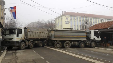 Trucks filled with stones form the barricades put up in the Serb-dominated part of Mitrovica.