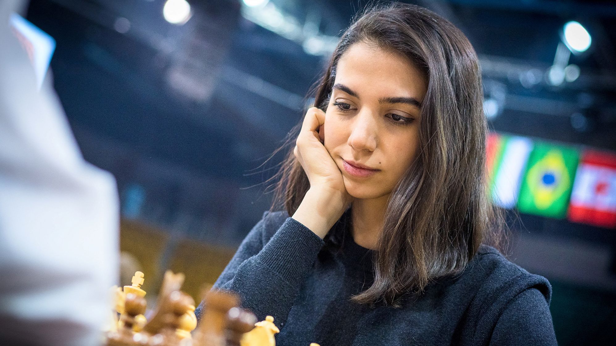 Iranian chess player Sara Khadem competes, without wearing a hijab, in FIDE World Rapid and Blitz Chess Championships in Almaty, Kazakhstan on December 26, 2022. 