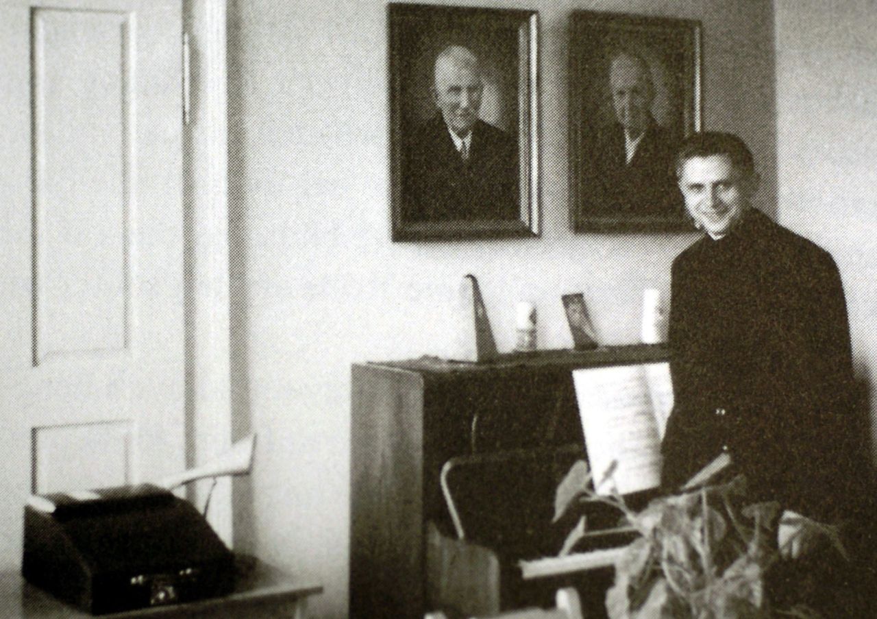 Benedict poses for a photo in 1959, when he was a professor of dogmatic theology at the University of Freising in 1955. He taught at various colleges until 1969.