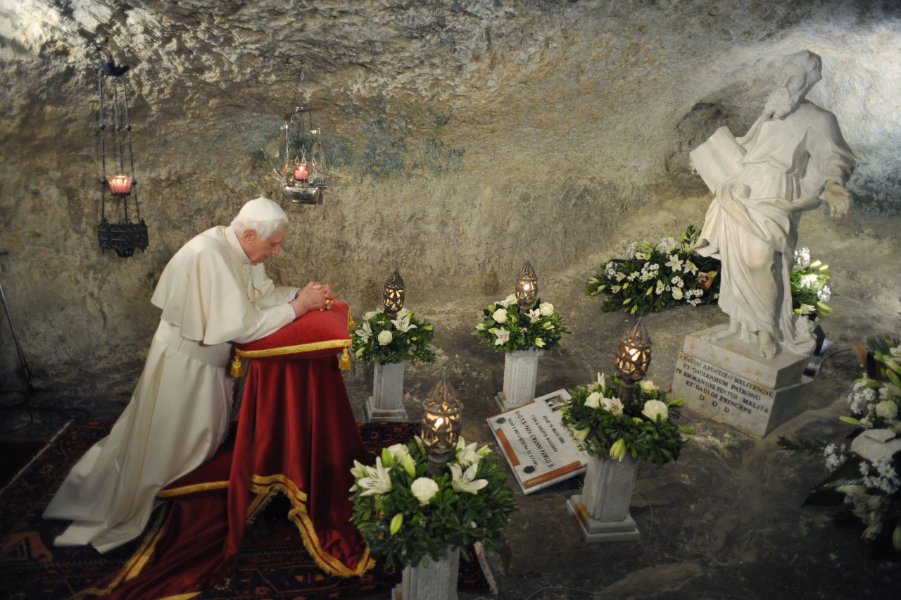 Benedict prays inside St. Paul's Grotto in Rabat, Malta, in April 2010.