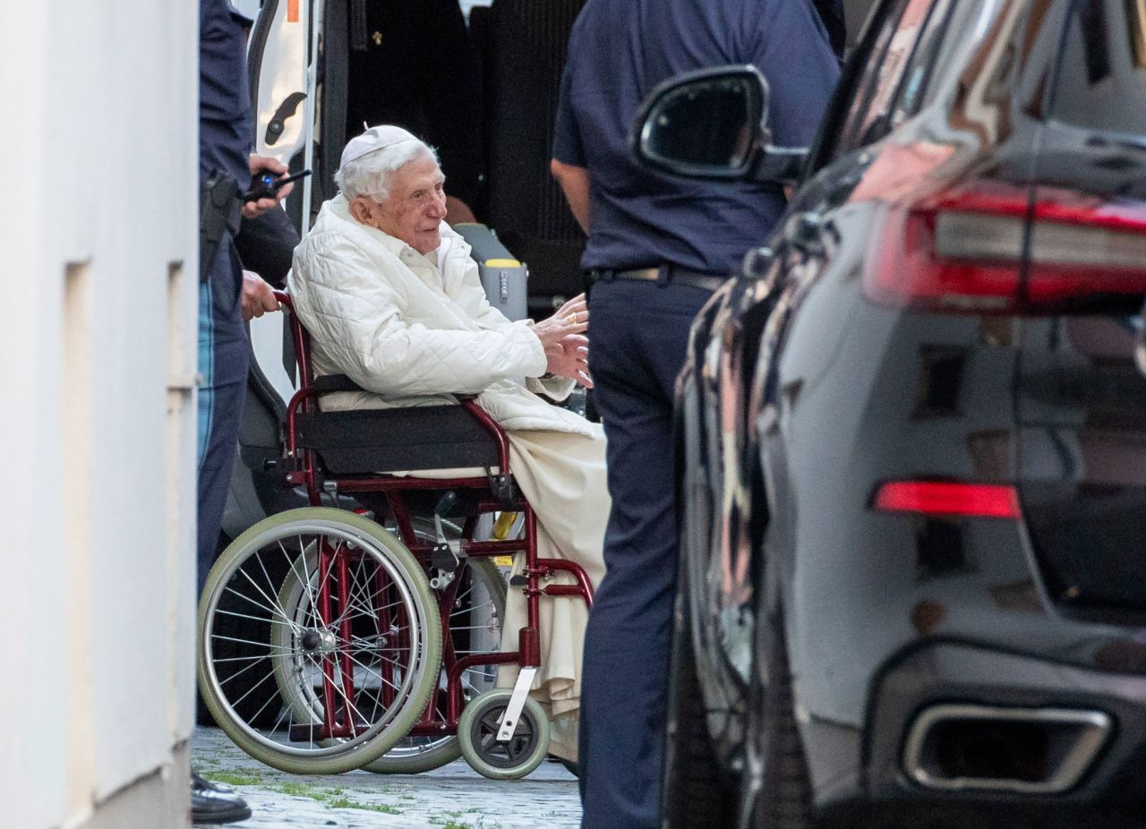 Benedict is pushed in a wheelchair in Regensburg, Germany, in 2020. He was in Germany visiting his sick brother.