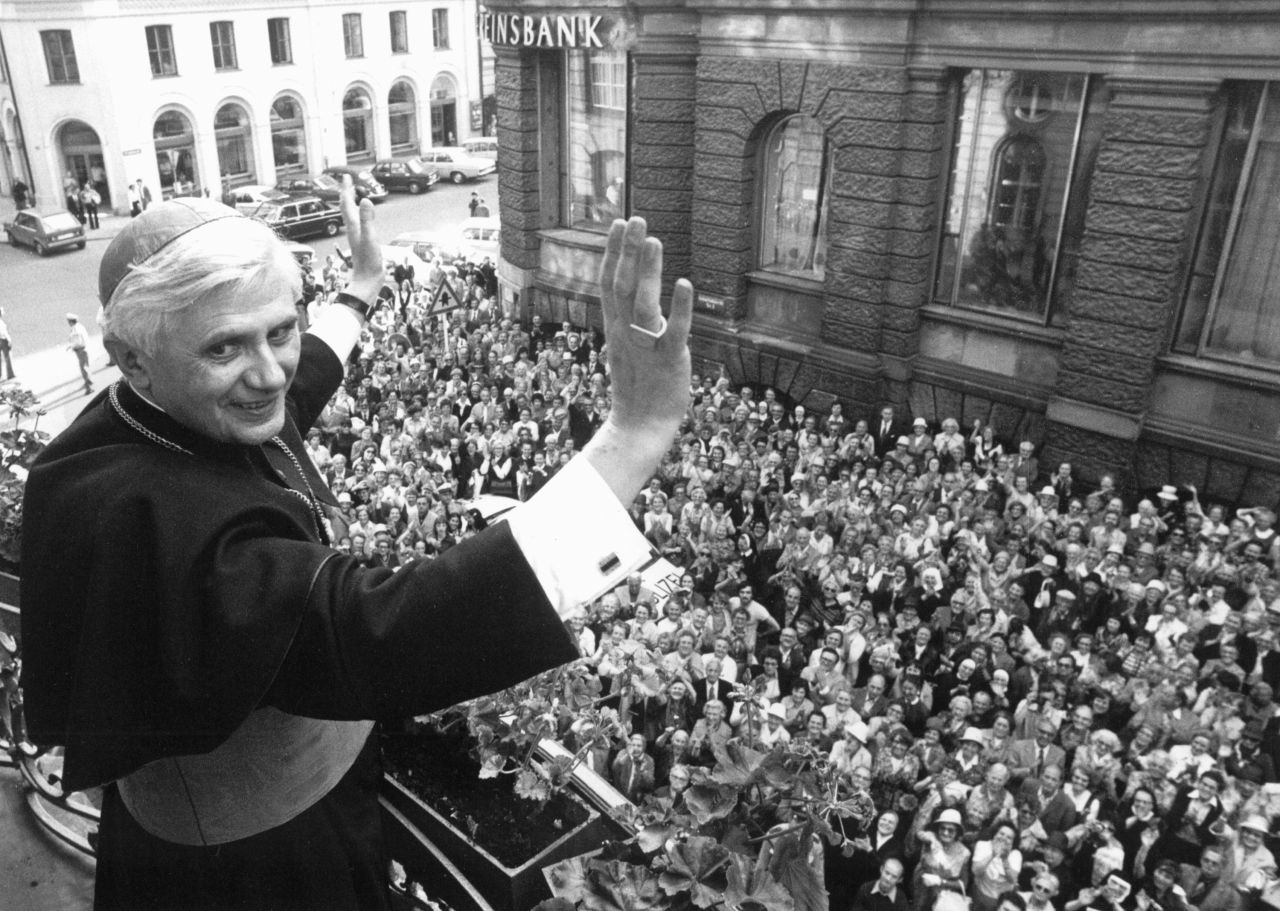 Benedict is greeted by people in Munich, Germany, in July 1977. He was the archbishop of Munich and Freising.