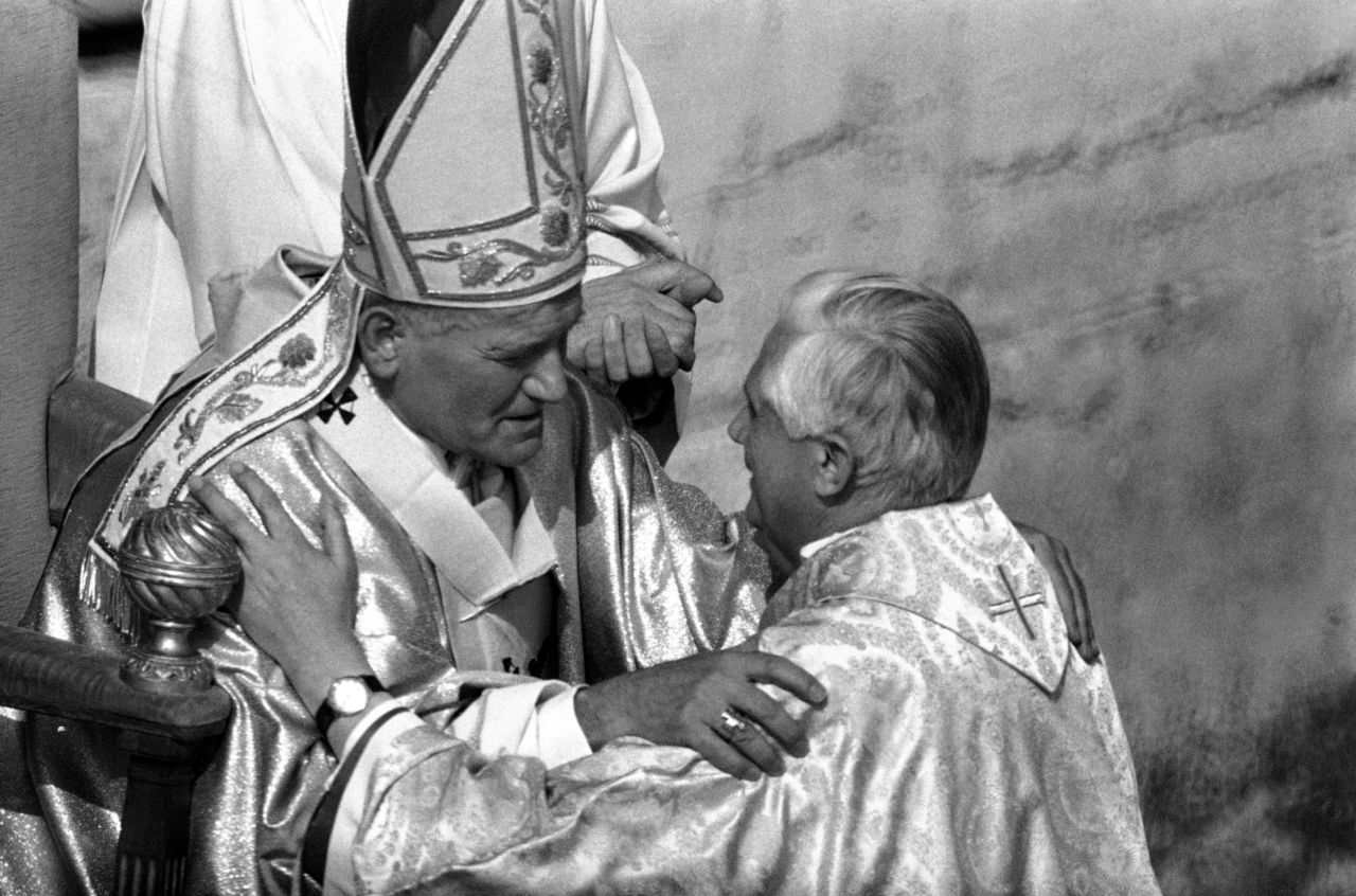 Pope John Paul II, a few days after becoming pope, greets Benedict at the Vatican in October 1978.