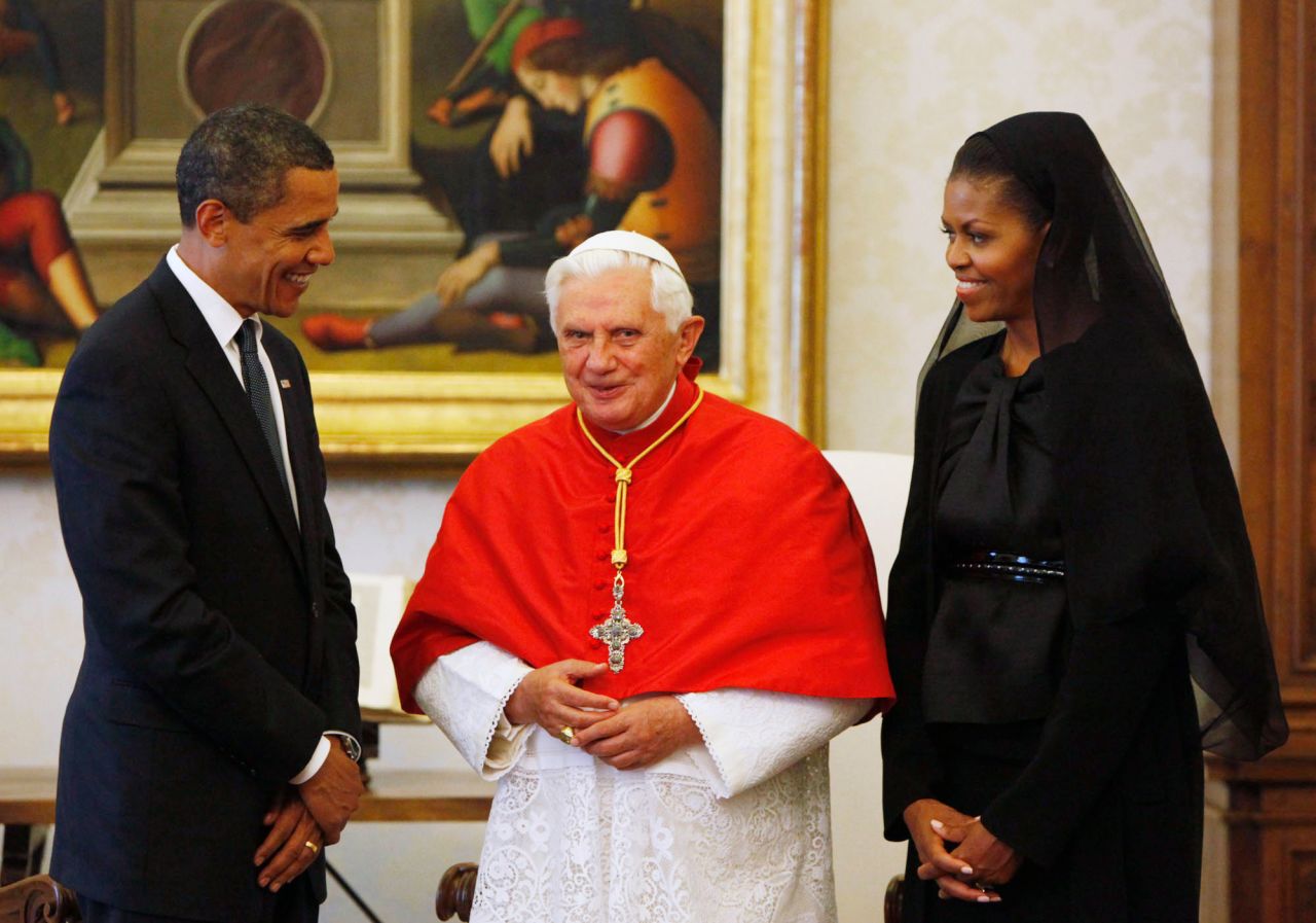 Benedict welcomes US President Barack Obama and first lady Michelle Obama to the Vatican in July 2009.